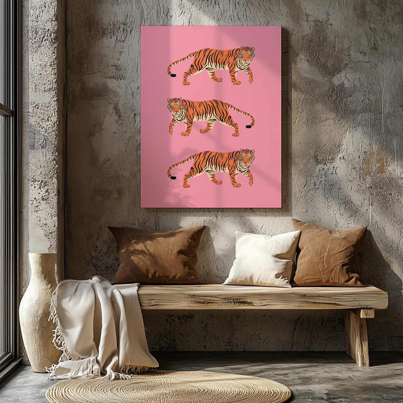Bold Pink Stride of Tigers - Framed Canvas Wall Art Print | House Prints