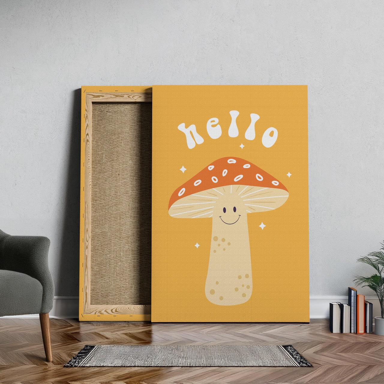 Orange Friendly Mushroom Hello - Framed Canvas Wall Art Print - House Prints