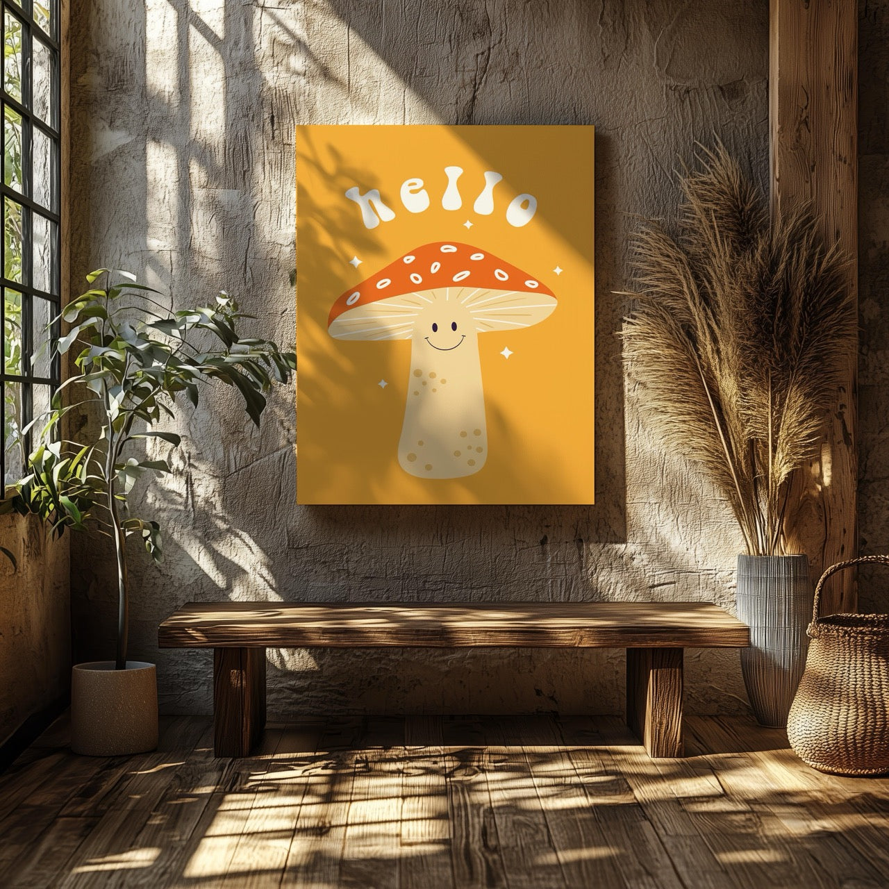 Orange Friendly Mushroom Hello - Framed Canvas Wall Art Print - House Prints