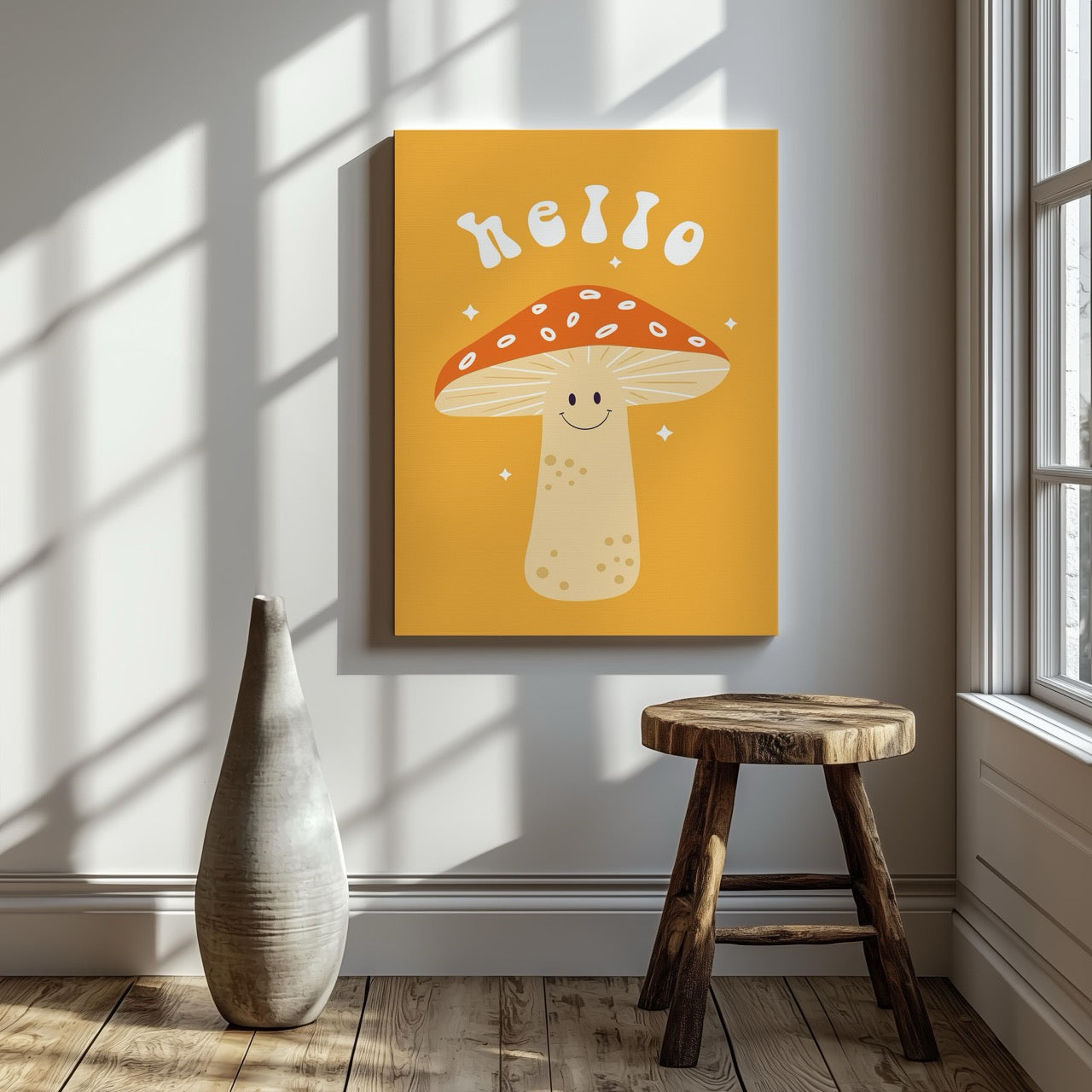 Orange Friendly Mushroom Hello - Framed Canvas Wall Art Print - House Prints