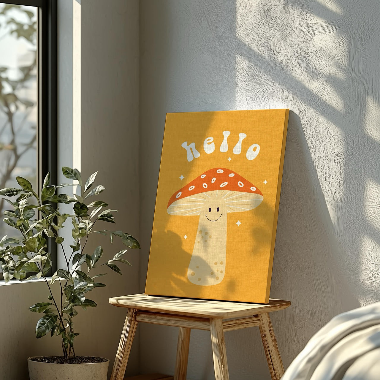 Orange Friendly Mushroom Hello - Framed Canvas Wall Art Print - House Prints