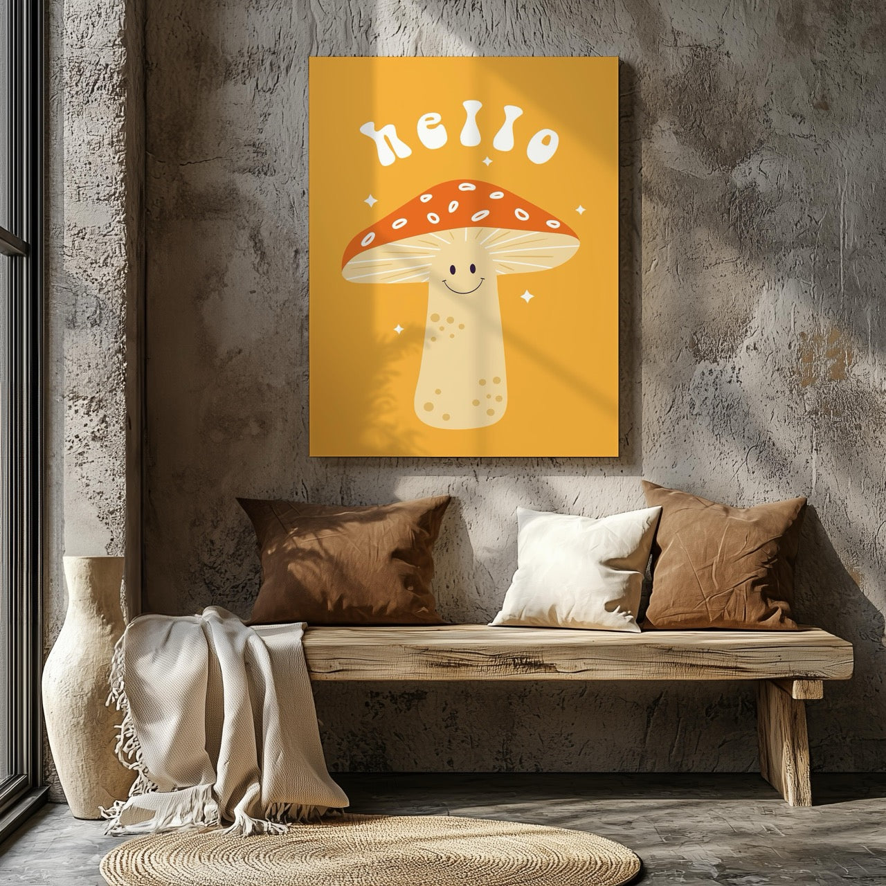 Orange Friendly Mushroom Hello - Framed Canvas Wall Art Print - House Prints