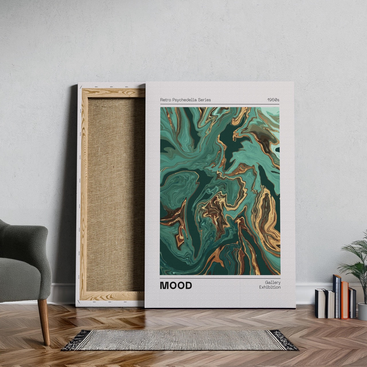 Retro Psychedelic Green Mood Waves - Framed Canvas Wall Art Print - House Prints