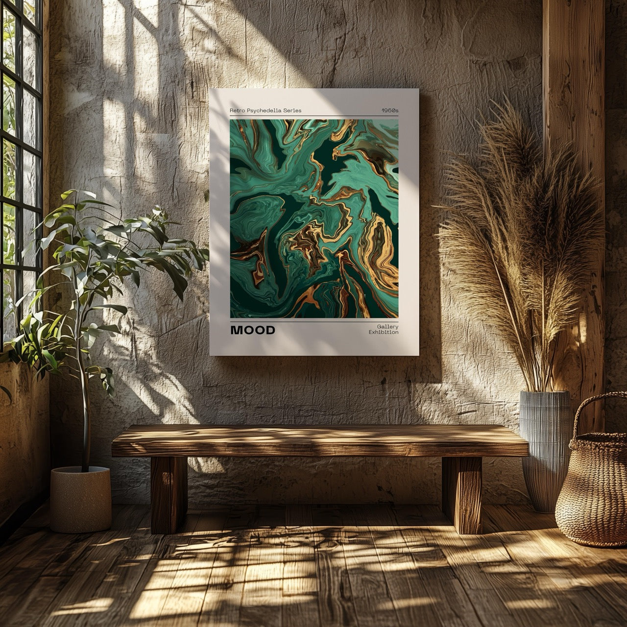 Retro Psychedelic Green Mood Waves - Framed Canvas Wall Art Print - House Prints