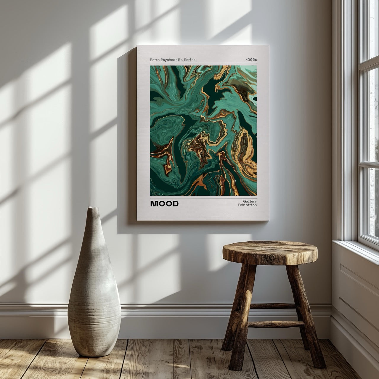 Retro Psychedelic Green Mood Waves - Framed Canvas Wall Art Print - House Prints