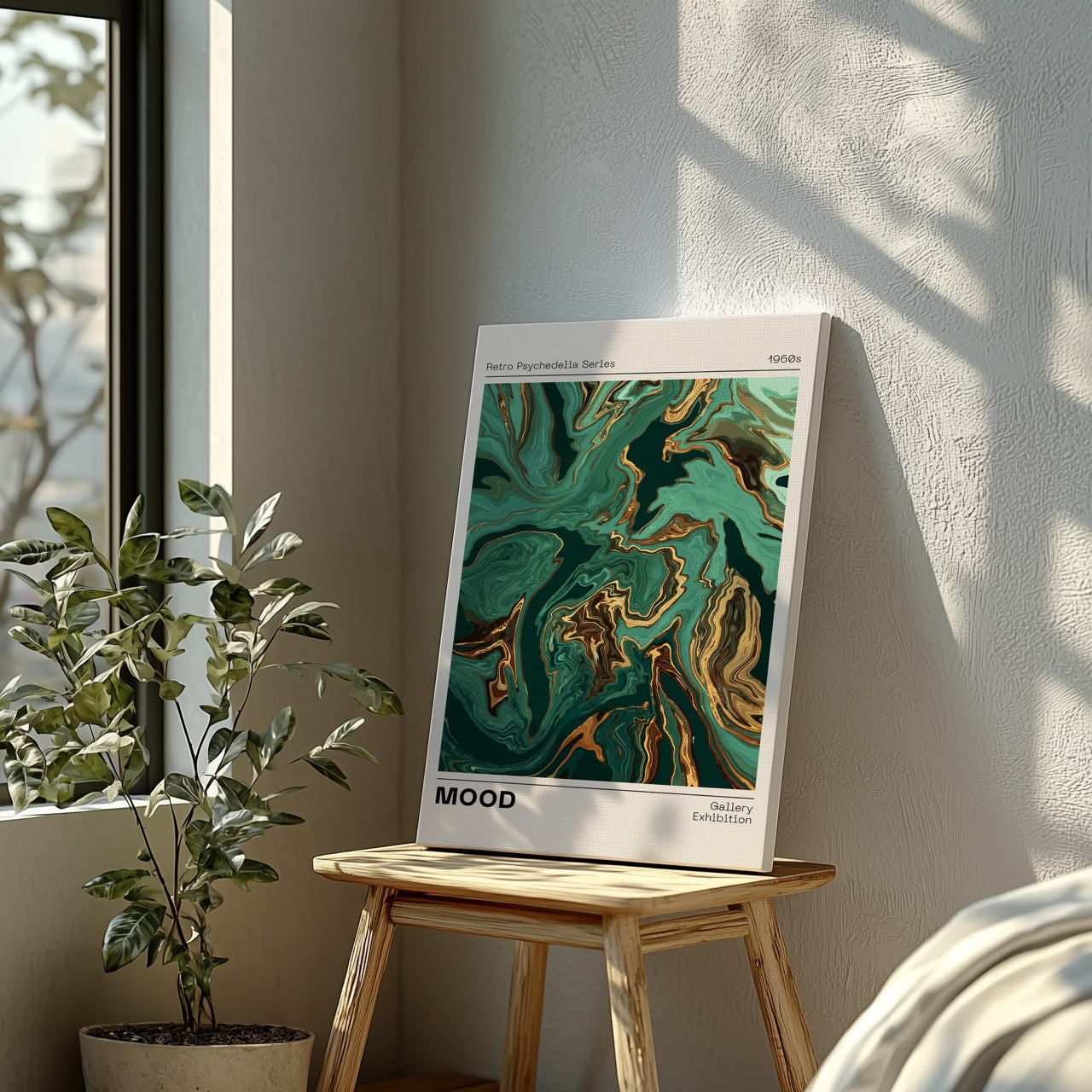 Retro Psychedelic Green Mood Waves - Framed Canvas Wall Art Print - House Prints