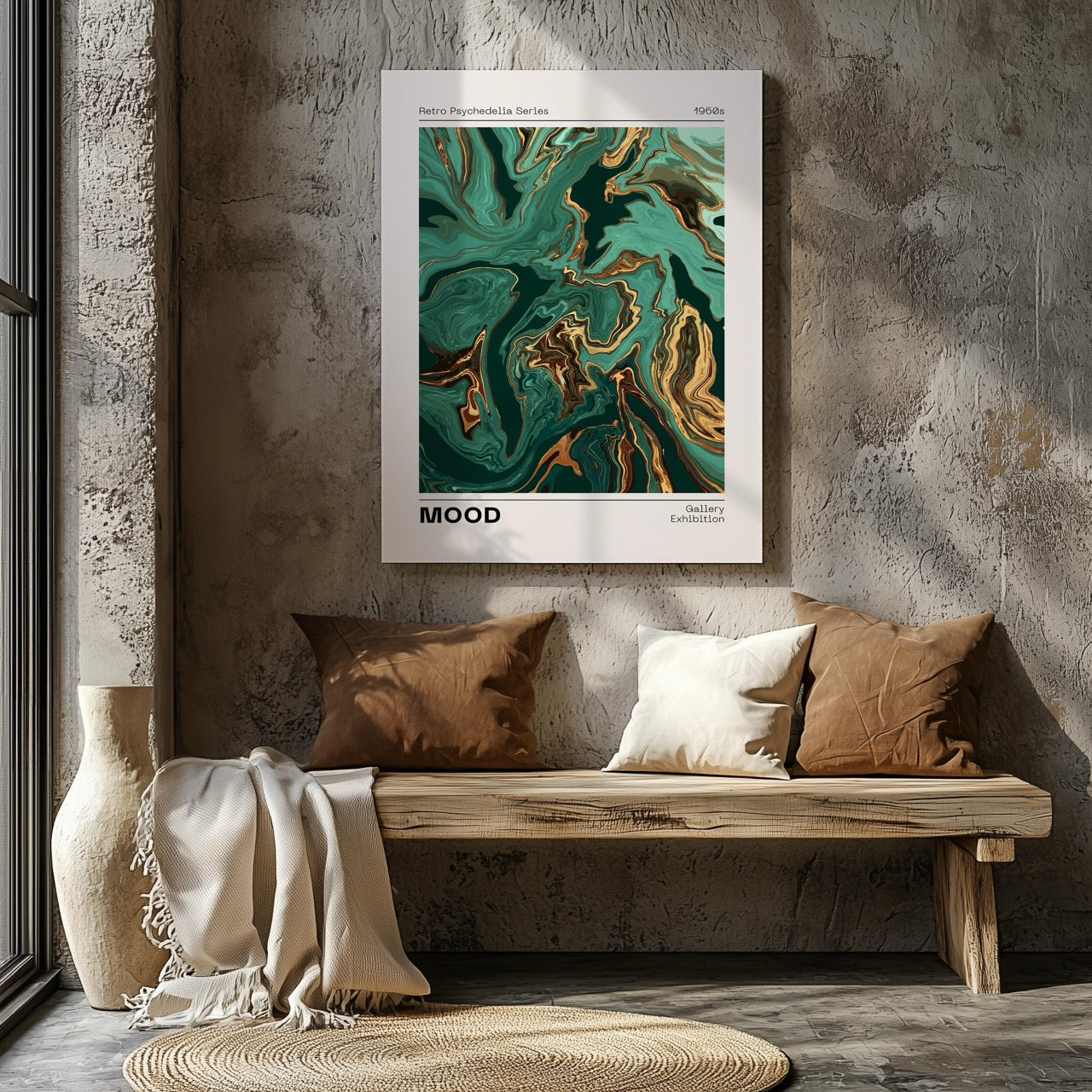 Retro Psychedelic Green Mood Waves - Framed Canvas Wall Art Print - House Prints