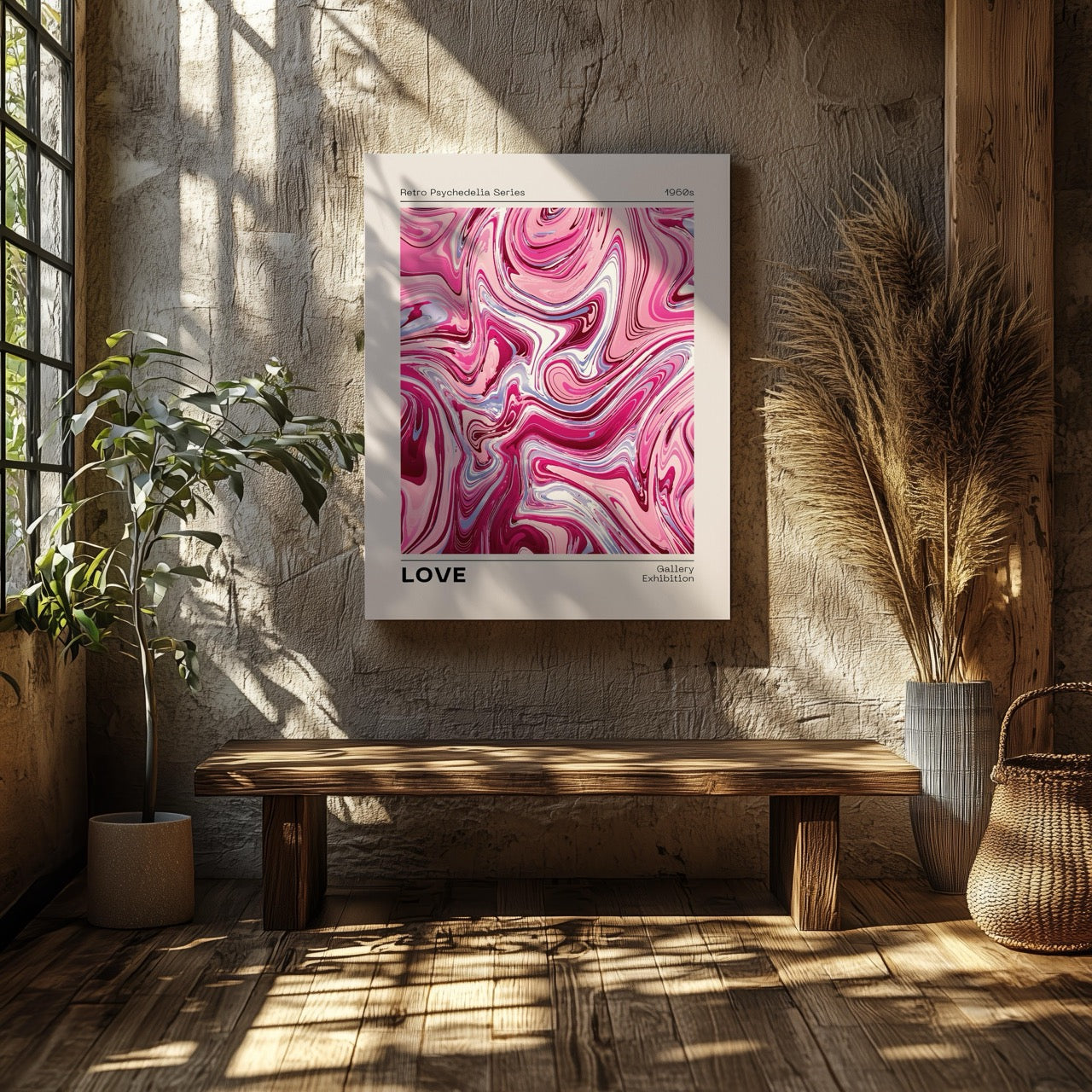 Pink Retro Waves of Love - Framed Canvas Wall Art Print - House Prints