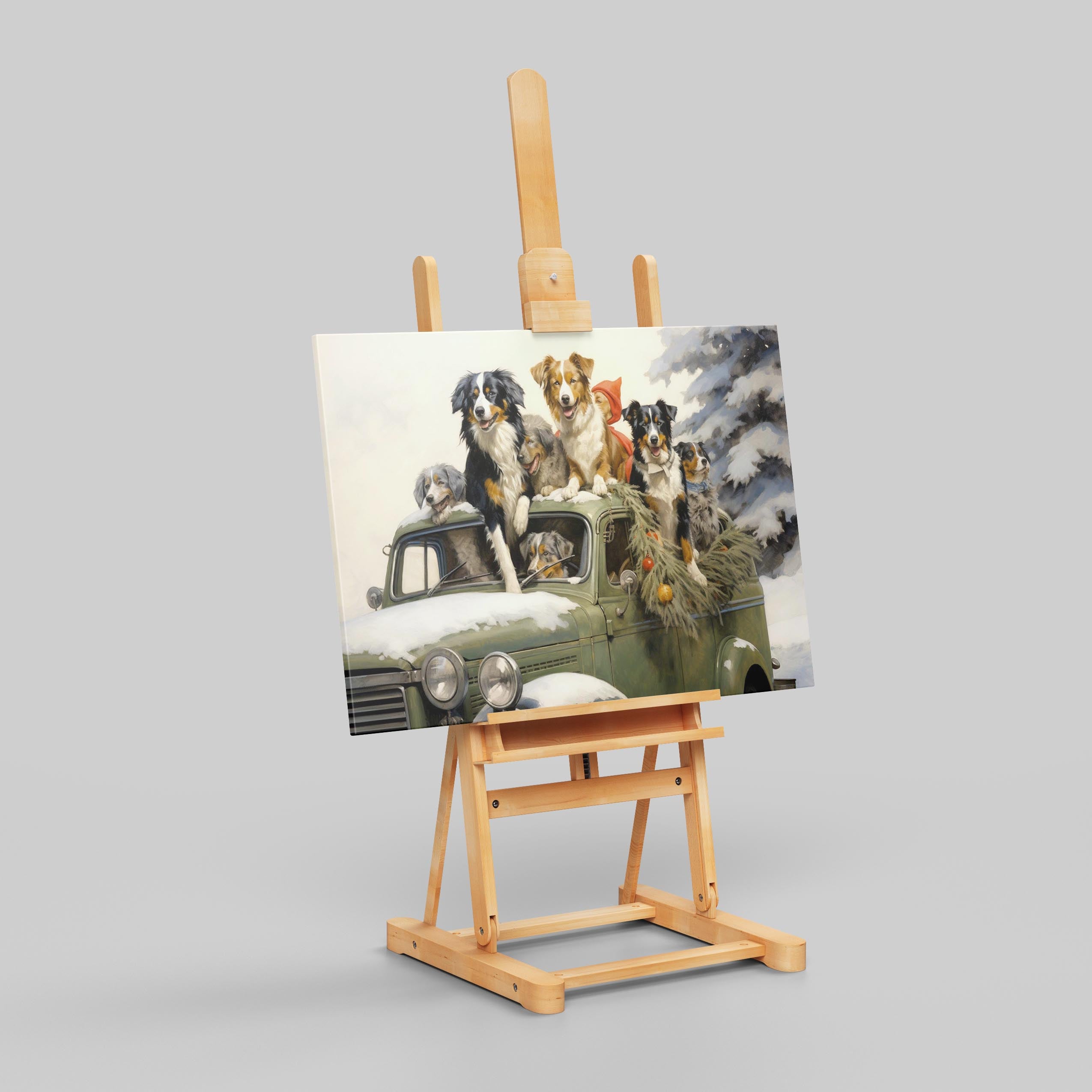 Festive Puppies on Holiday Ride - Framed Canvas Wall Art Print | House Prints