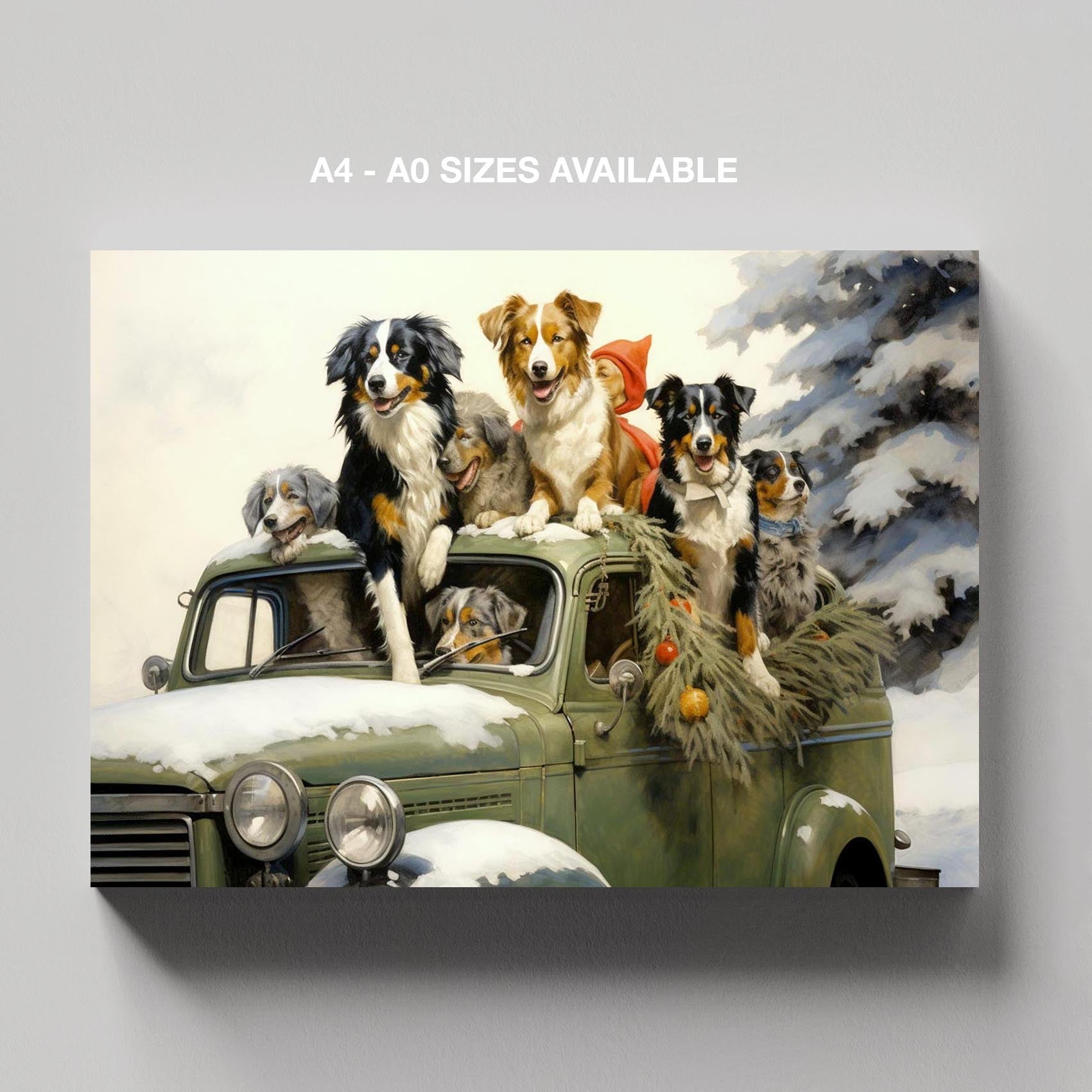 Festive Puppies on Holiday Ride - Framed Canvas Wall Art Print | House Prints