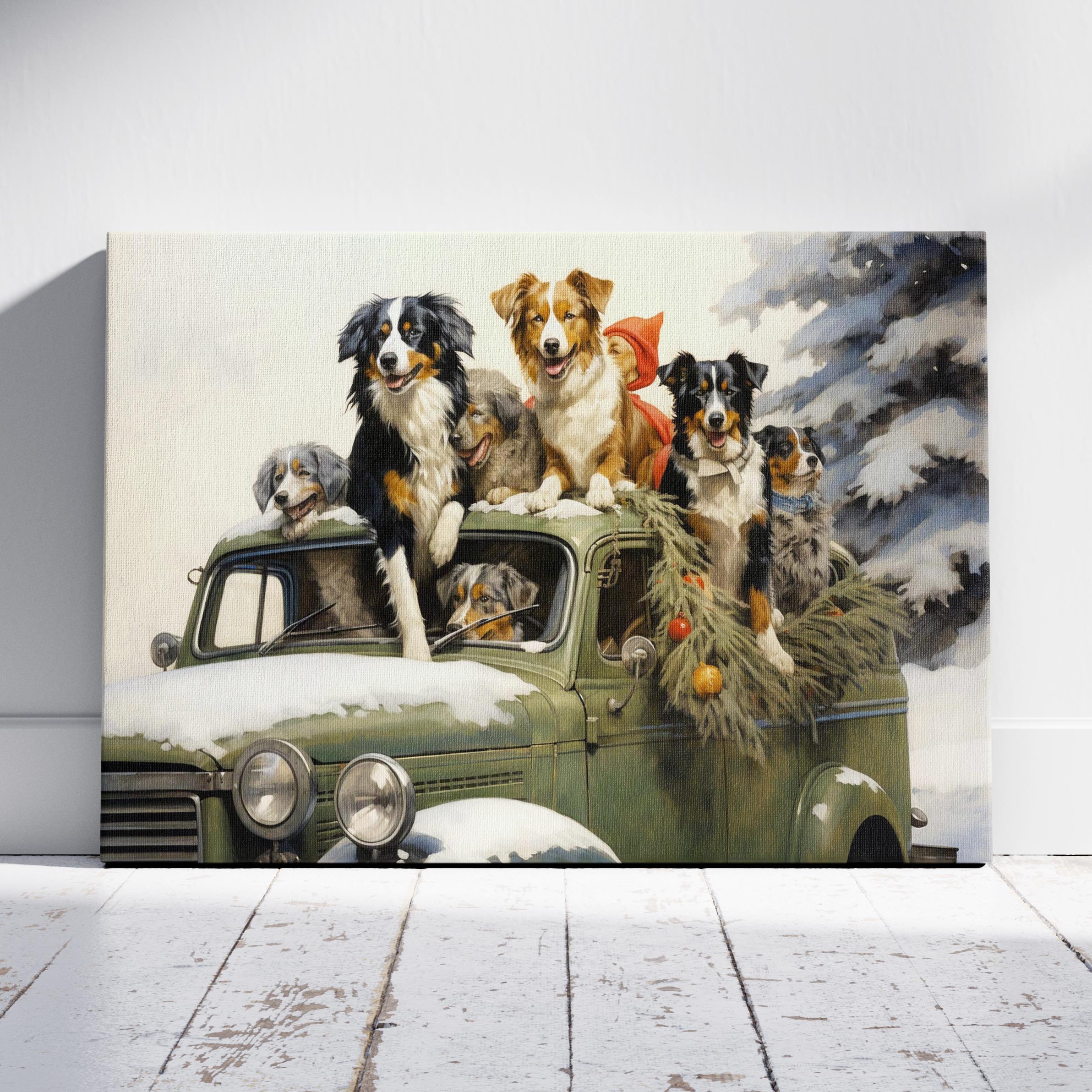 Festive Puppies on Holiday Ride - Framed Canvas Wall Art Print | House Prints