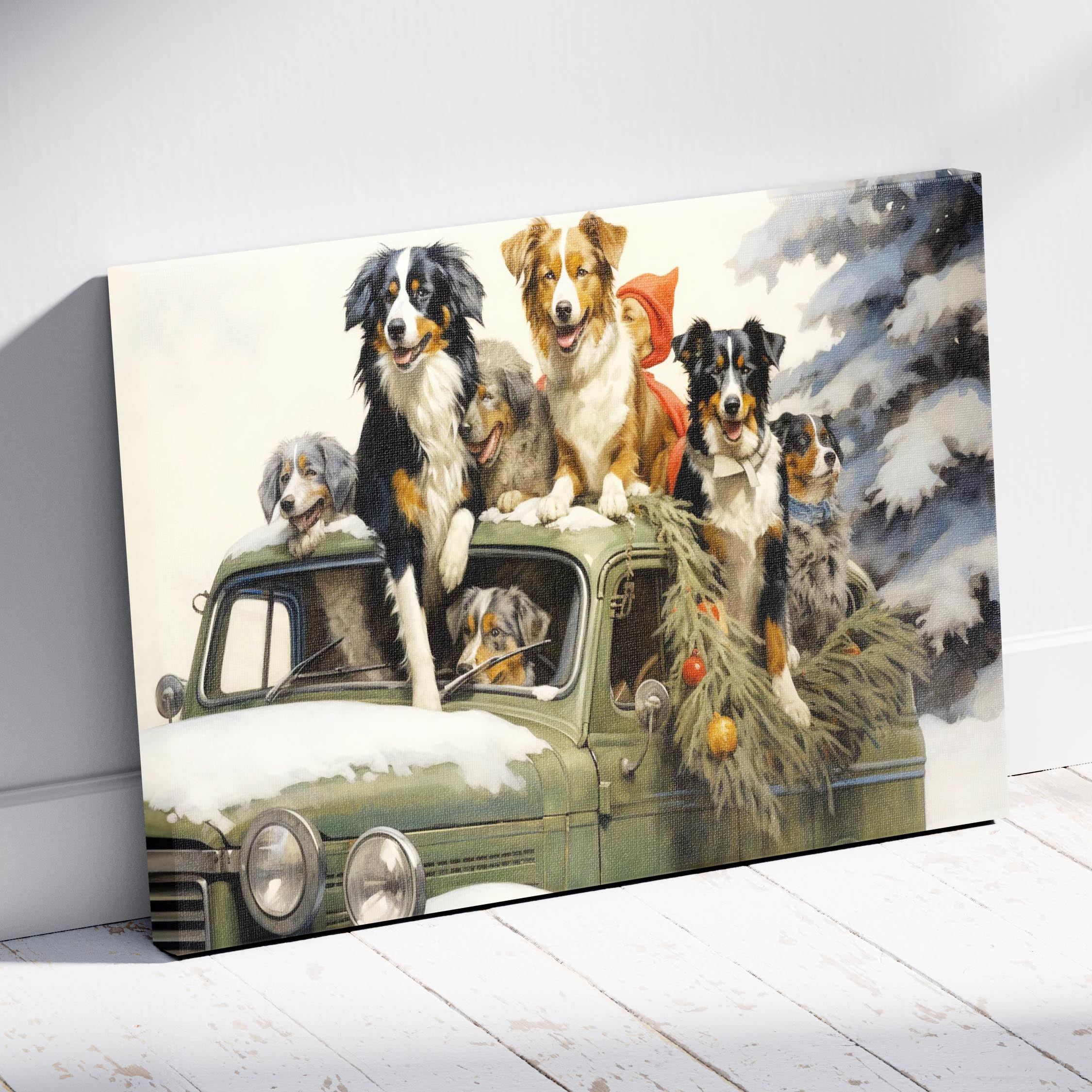 Festive Puppies on Holiday Ride - Framed Canvas Wall Art Print | House Prints