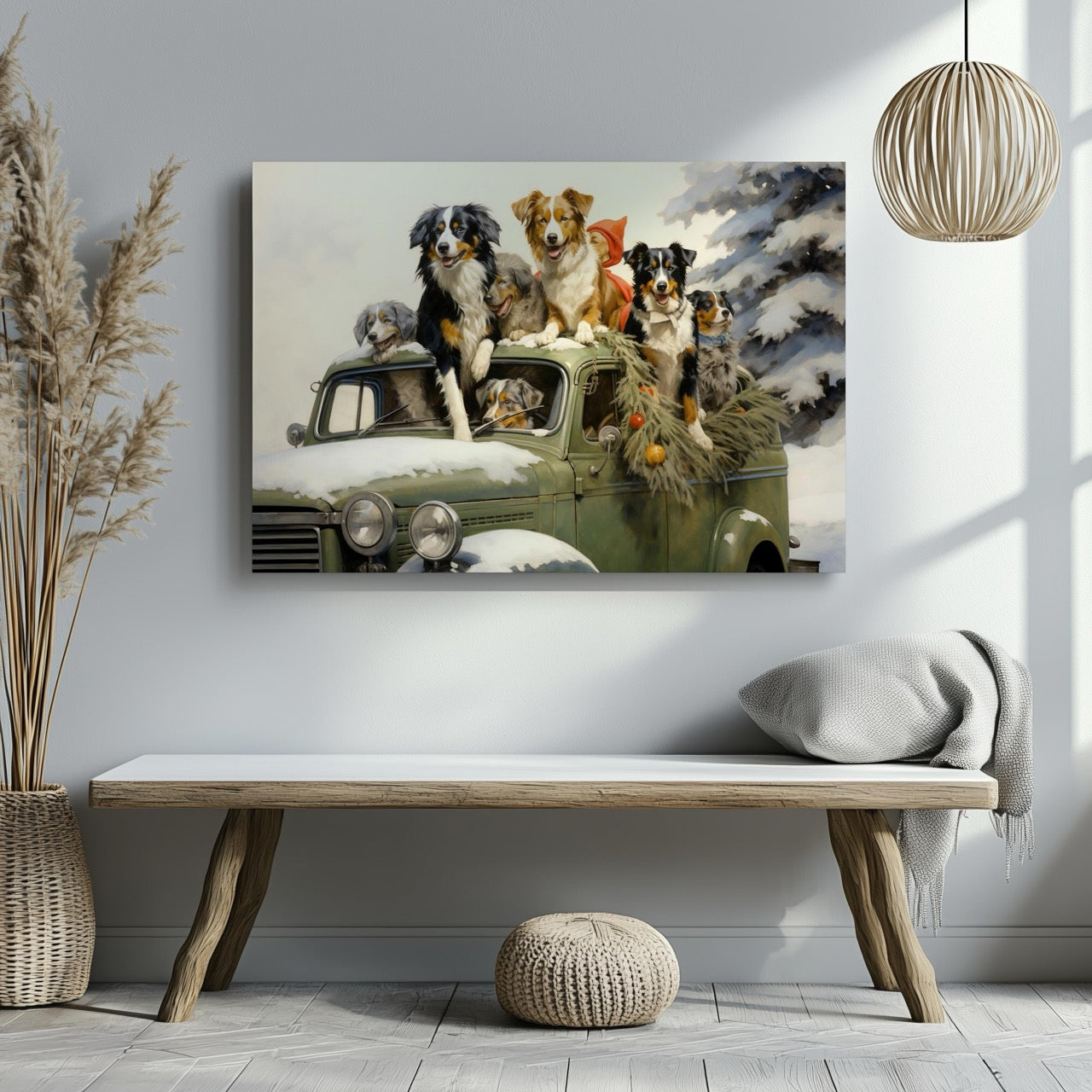 Festive Puppies on Holiday Ride - Framed Canvas Wall Art Print | House Prints