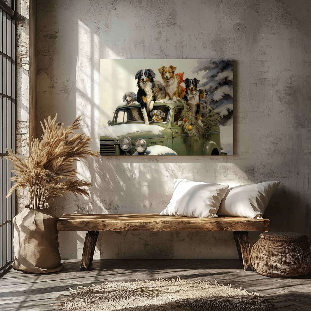 Festive Puppies on Holiday Ride - Framed Canvas Wall Art Print | House Prints