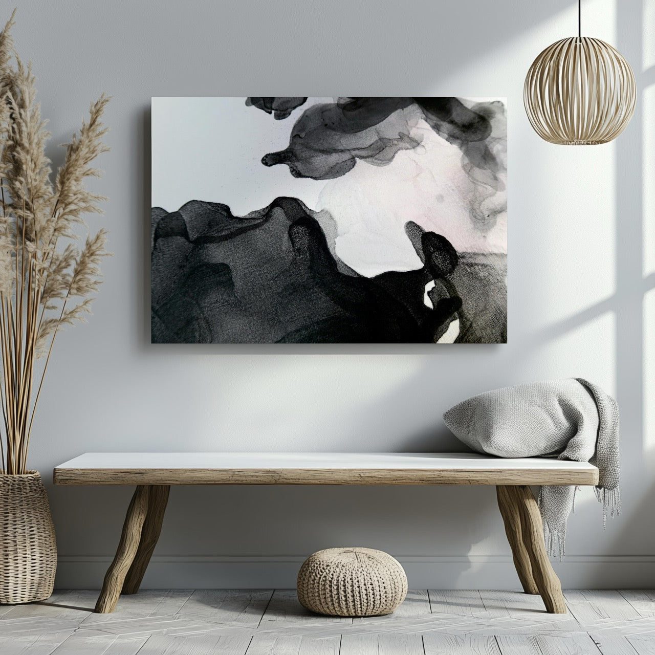 Abstract Waves of Black Ink - Framed Canvas Wall Art Print - House Prints