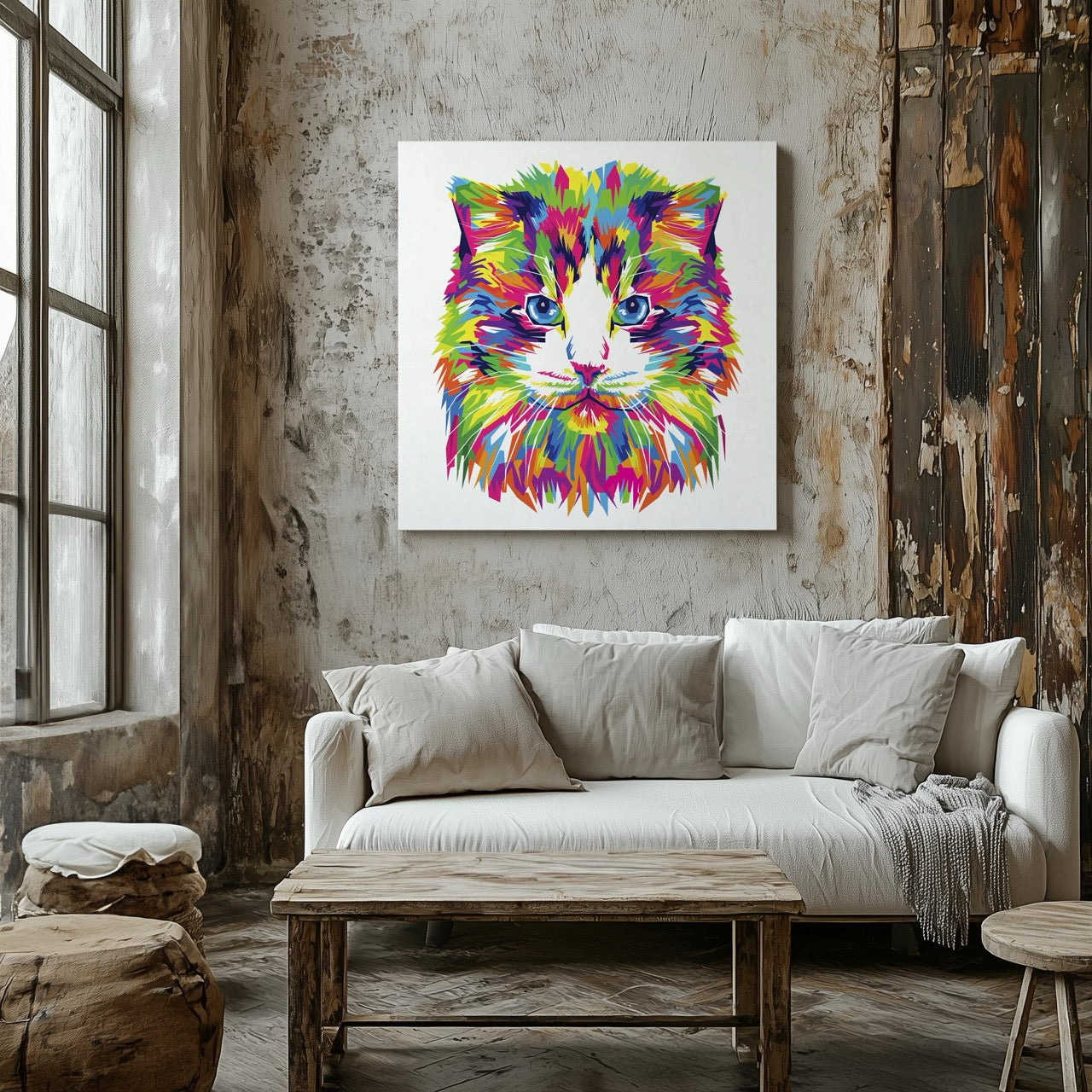Abstract Colourful Rainbow Cat - Framed Canvas Wall Art Print | House Prints
