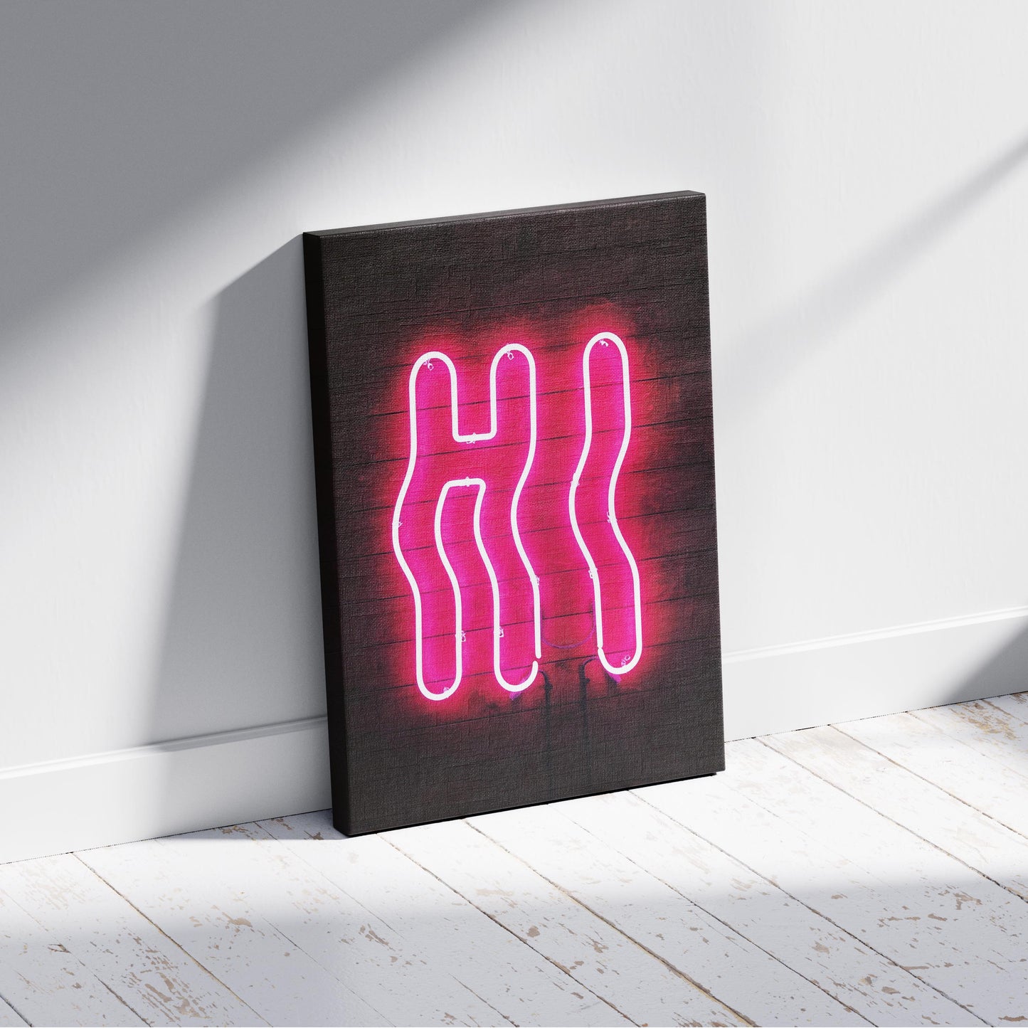 Hi Modern Neon Glow Sign Text - Framed Canvas Wall Art Print - House Prints
