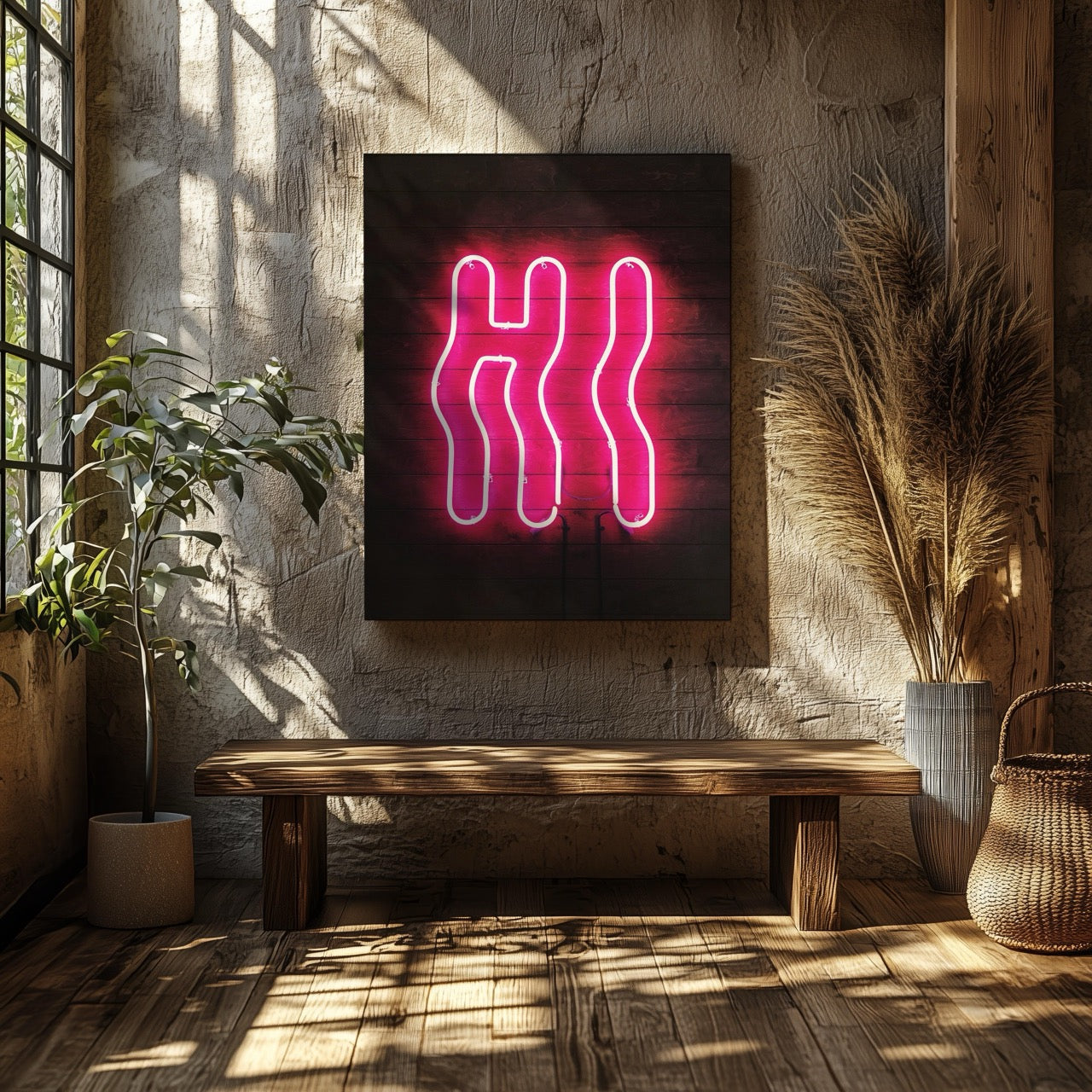 Hi Modern Neon Glow Sign Text - Framed Canvas Wall Art Print - House Prints