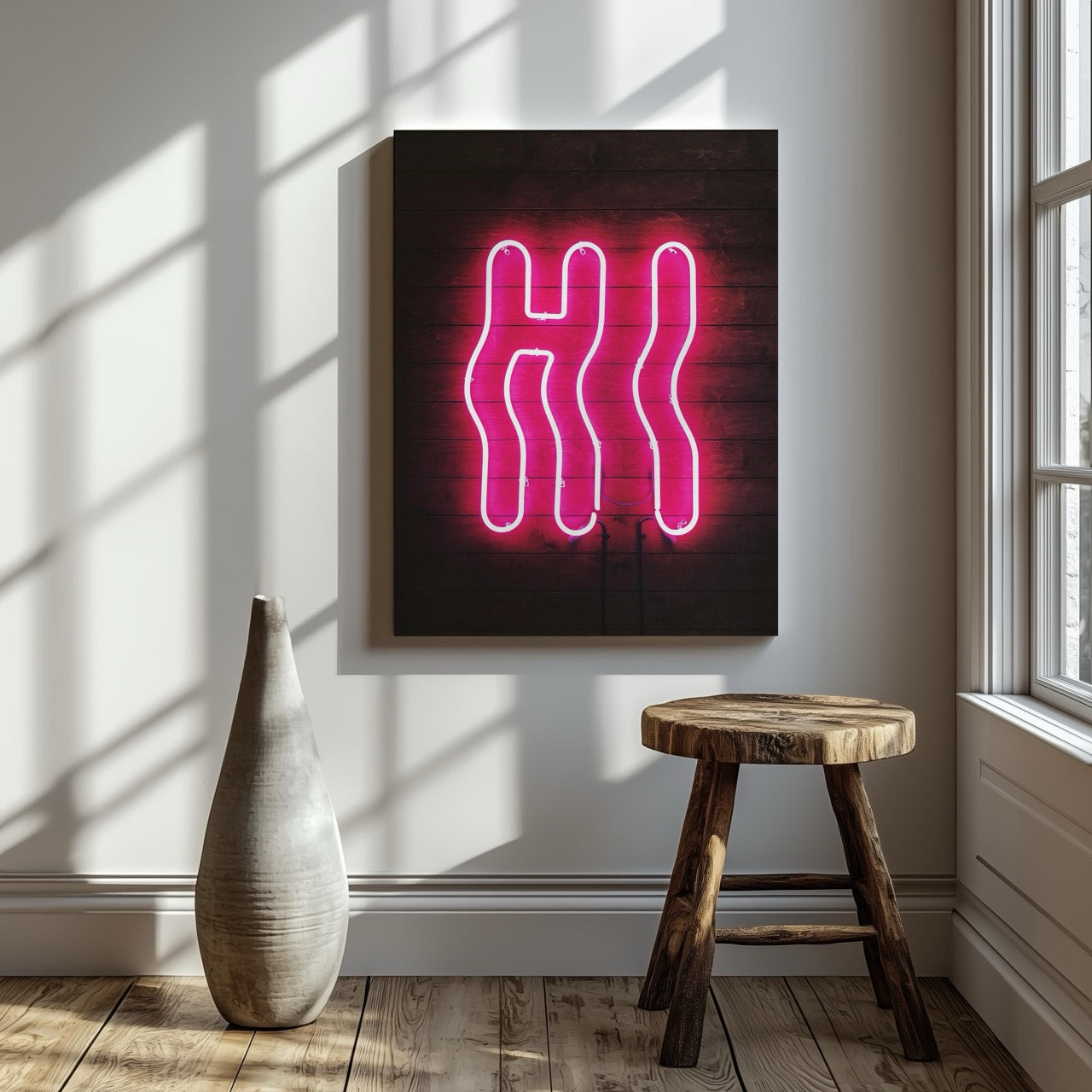 Hi Modern Neon Glow Sign Text - Framed Canvas Wall Art Print - House Prints