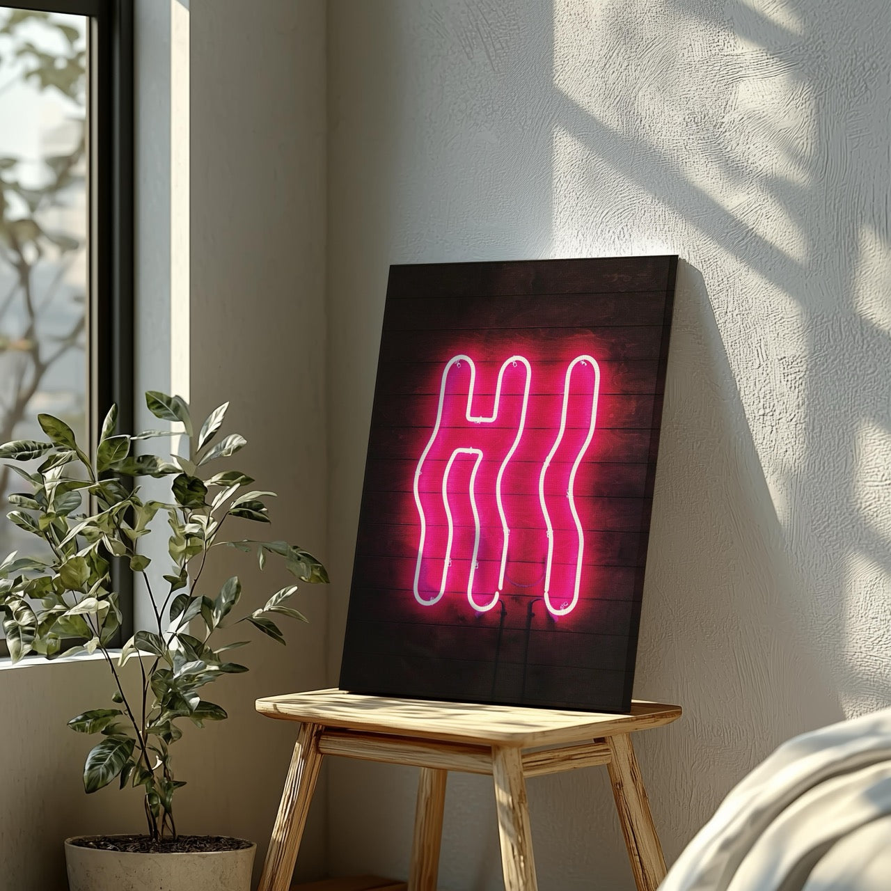 Hi Modern Neon Glow Sign Text - Framed Canvas Wall Art Print - House Prints