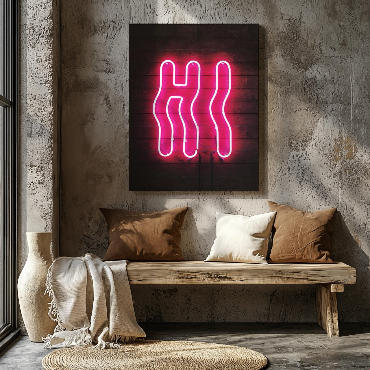 Hi Modern Neon Glow Sign Text - Framed Canvas Wall Art Print - House Prints