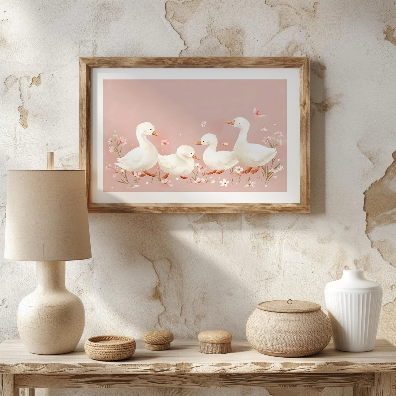 Charming Ducks in Pink Bloom - Rolled Poster Wall Art Print - House Prints