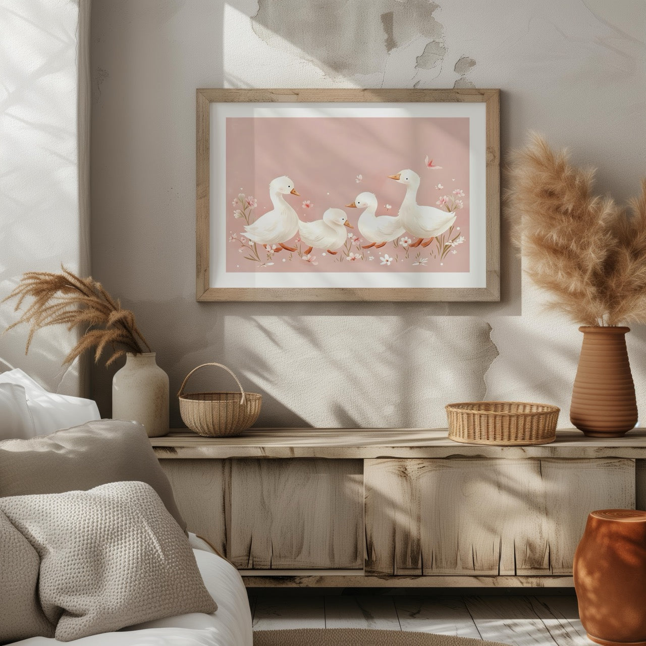 Charming Ducks in Pink Bloom - Rolled Poster Wall Art Print - House Prints