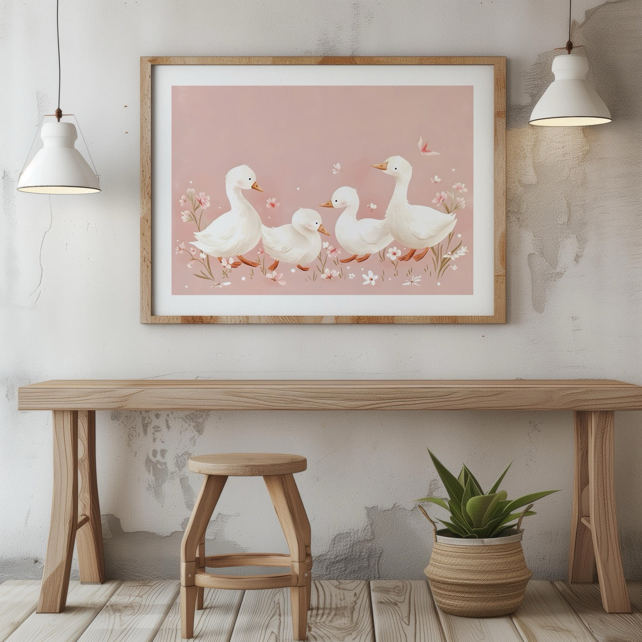 Charming Ducks in Pink Bloom - Rolled Poster Wall Art Print - House Prints