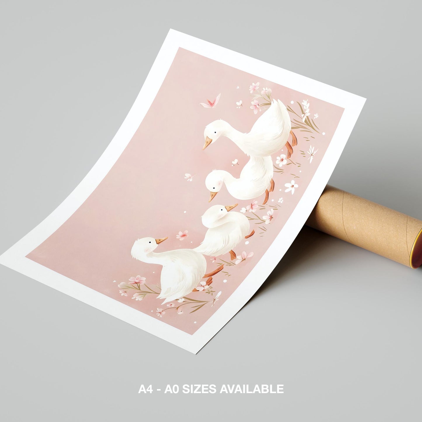 Charming Ducks in Pink Bloom - Rolled Poster Wall Art Print - House Prints
