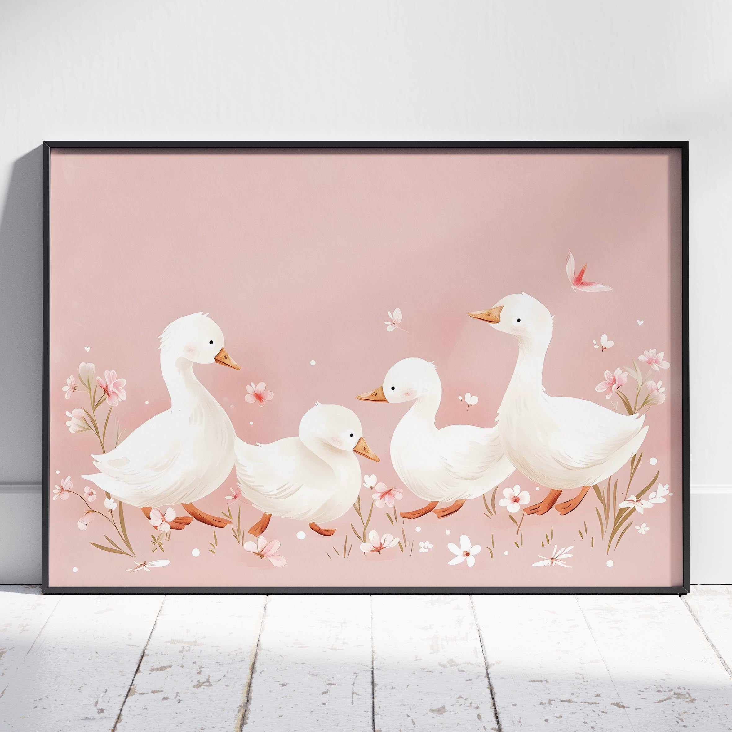 Charming Ducks in Pink Bloom - Rolled Poster Wall Art Print | House Prints