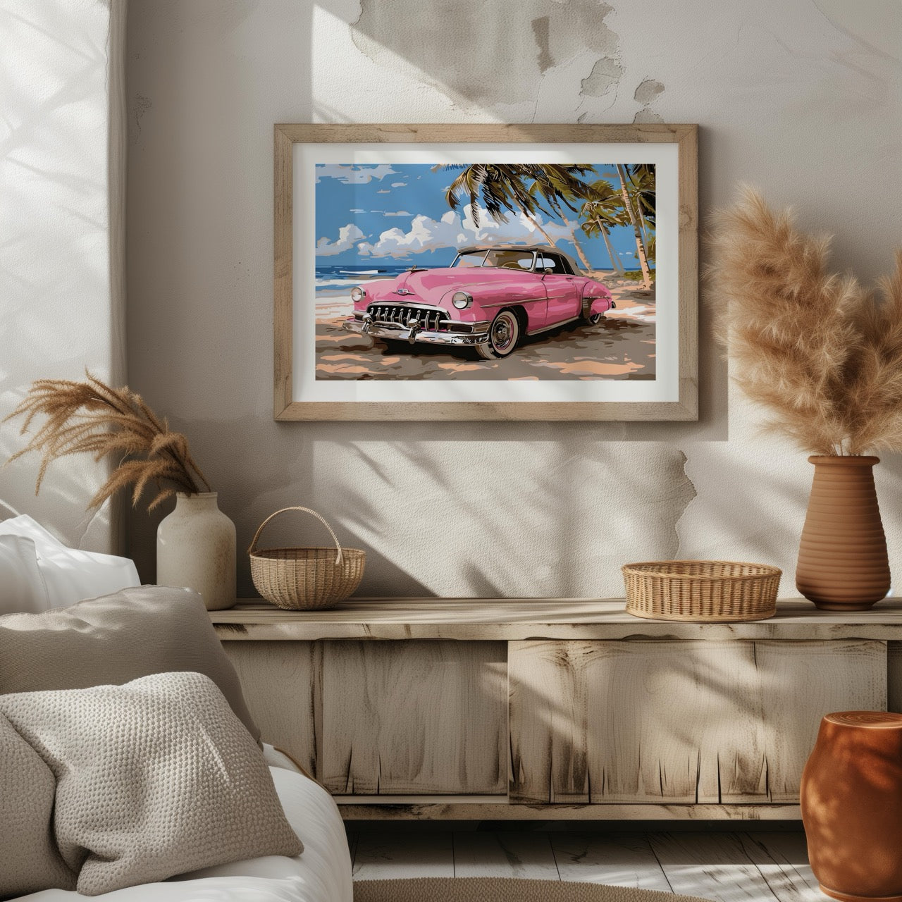 Pink Cadillac Car in Paradise - Rolled Poster Wall Art Print - House Prints
