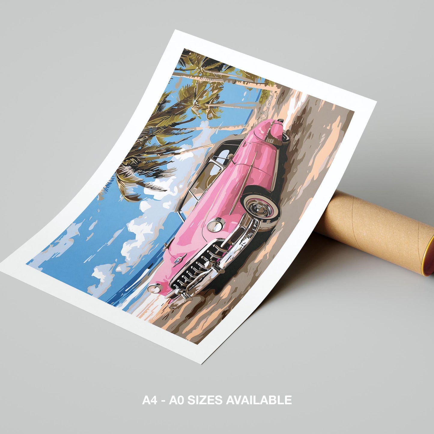 Pink Cadillac Car in Paradise - Rolled Poster Wall Art Print - House Prints