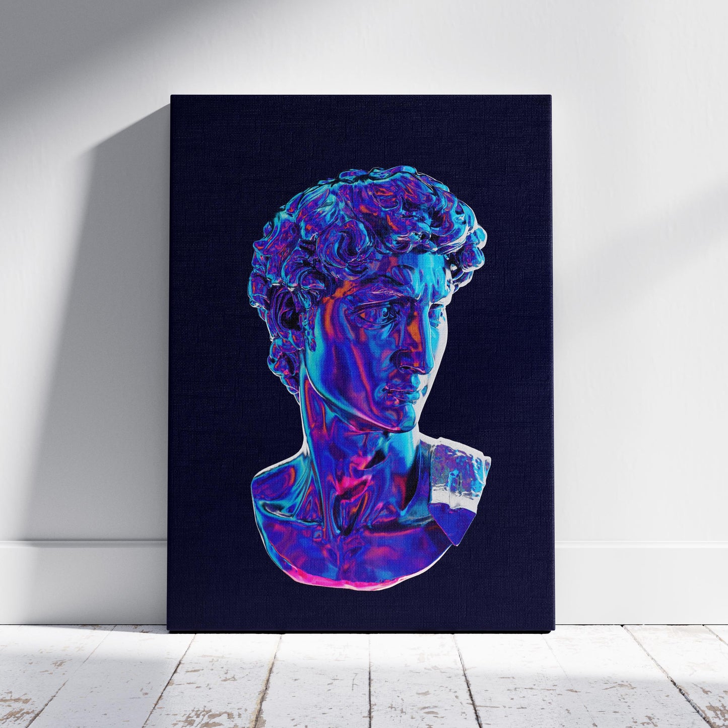 Neon David Statue Reimagined - Framed Canvas Wall Art Print - House Prints
