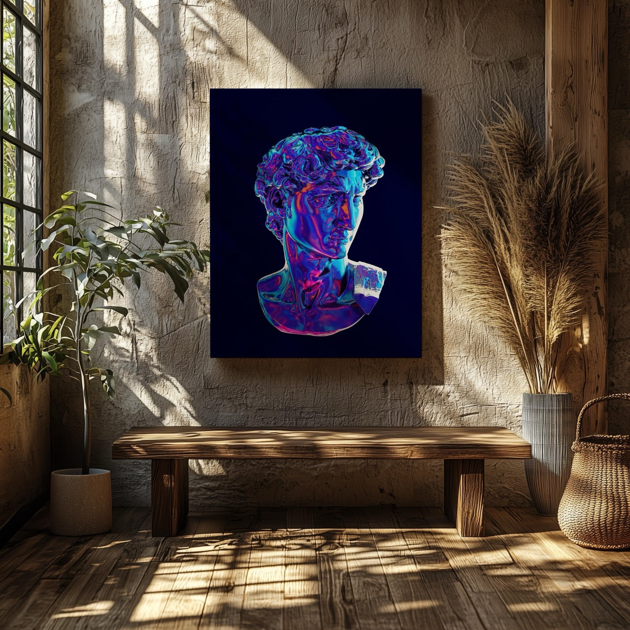 Neon David Statue Reimagined - Framed Canvas Wall Art Print - House Prints