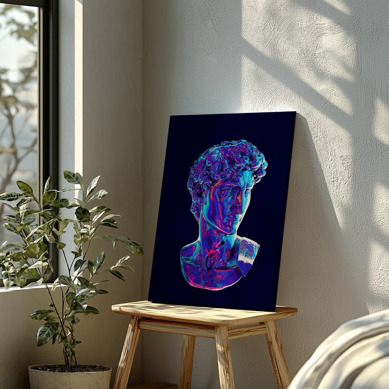 Neon David Statue Reimagined - Framed Canvas Wall Art Print - House Prints