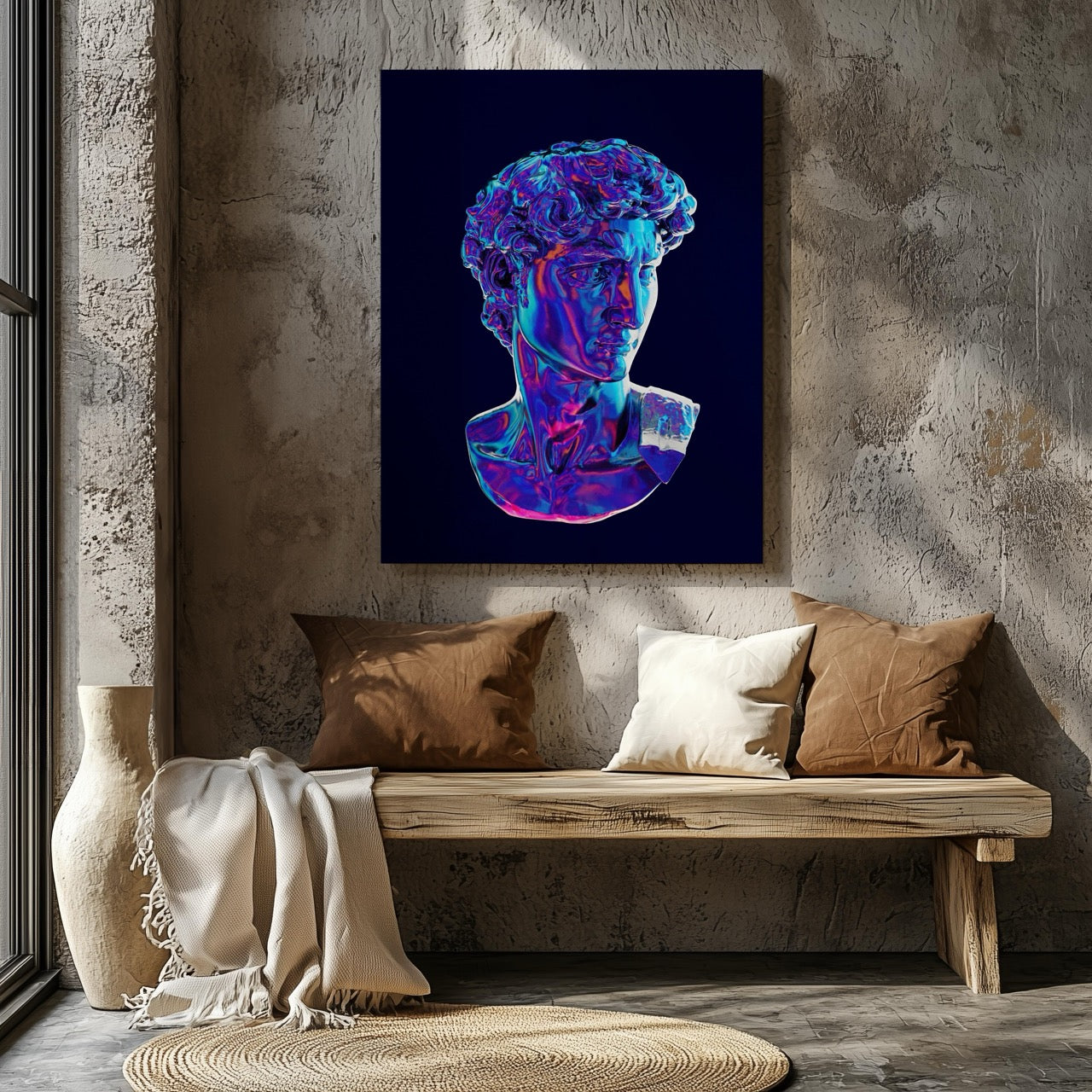 Neon David Statue Reimagined - Framed Canvas Wall Art Print - House Prints