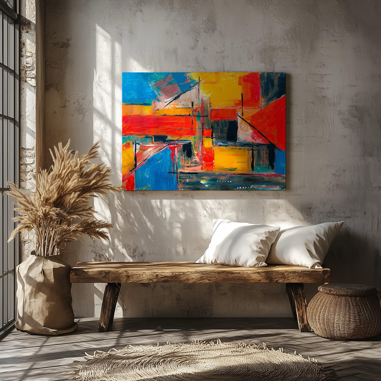 Energetic Brushstrokes Vibrant Geometric Abstract - Framed Canvas Wall Art Print - House Prints