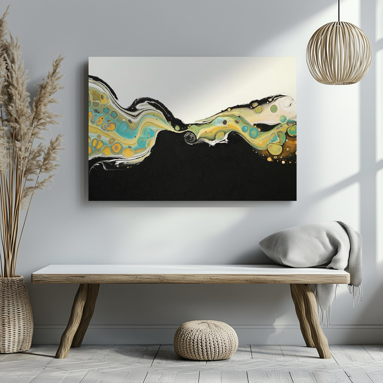 Abstract Golden Currents in Motion - Framed Canvas Wall Art Print - House Prints