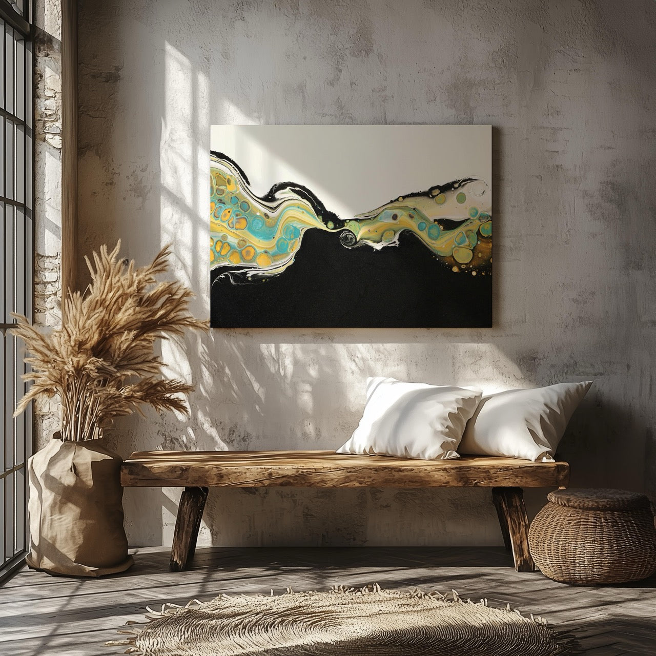 Abstract Golden Currents in Motion - Framed Canvas Wall Art Print - House Prints