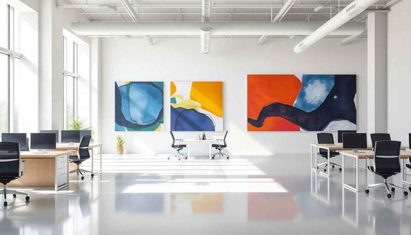 Modern office workspace decorated with inspiring wall art and motivational prints
