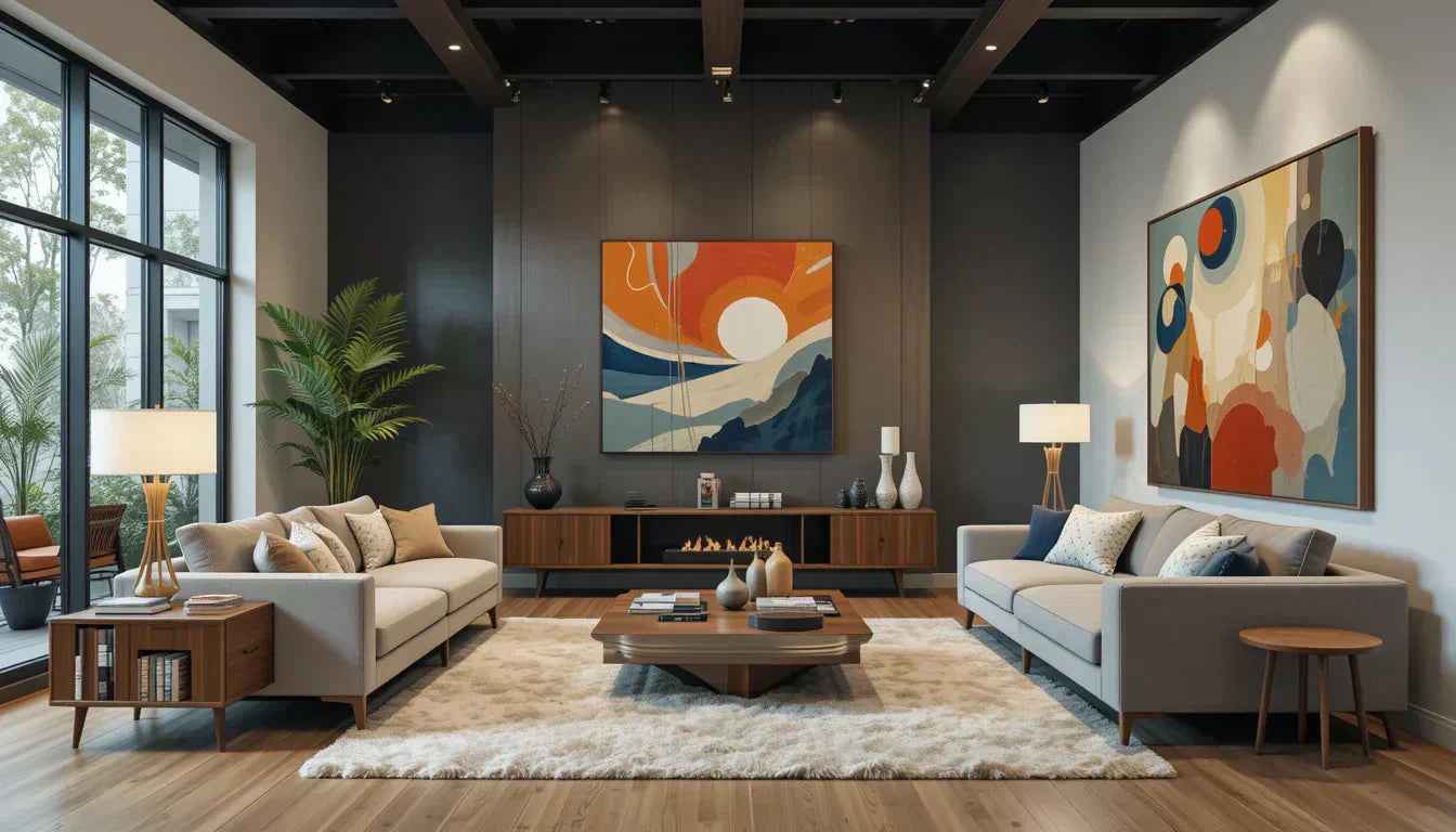 Mid-century modern interior design with iconic furniture and wall art