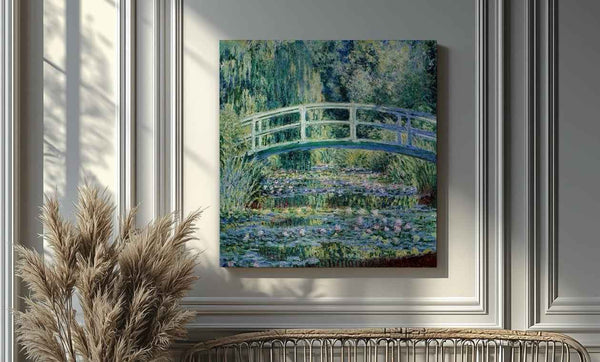 Claude Monet impressionist painting with water lilies and light reflections