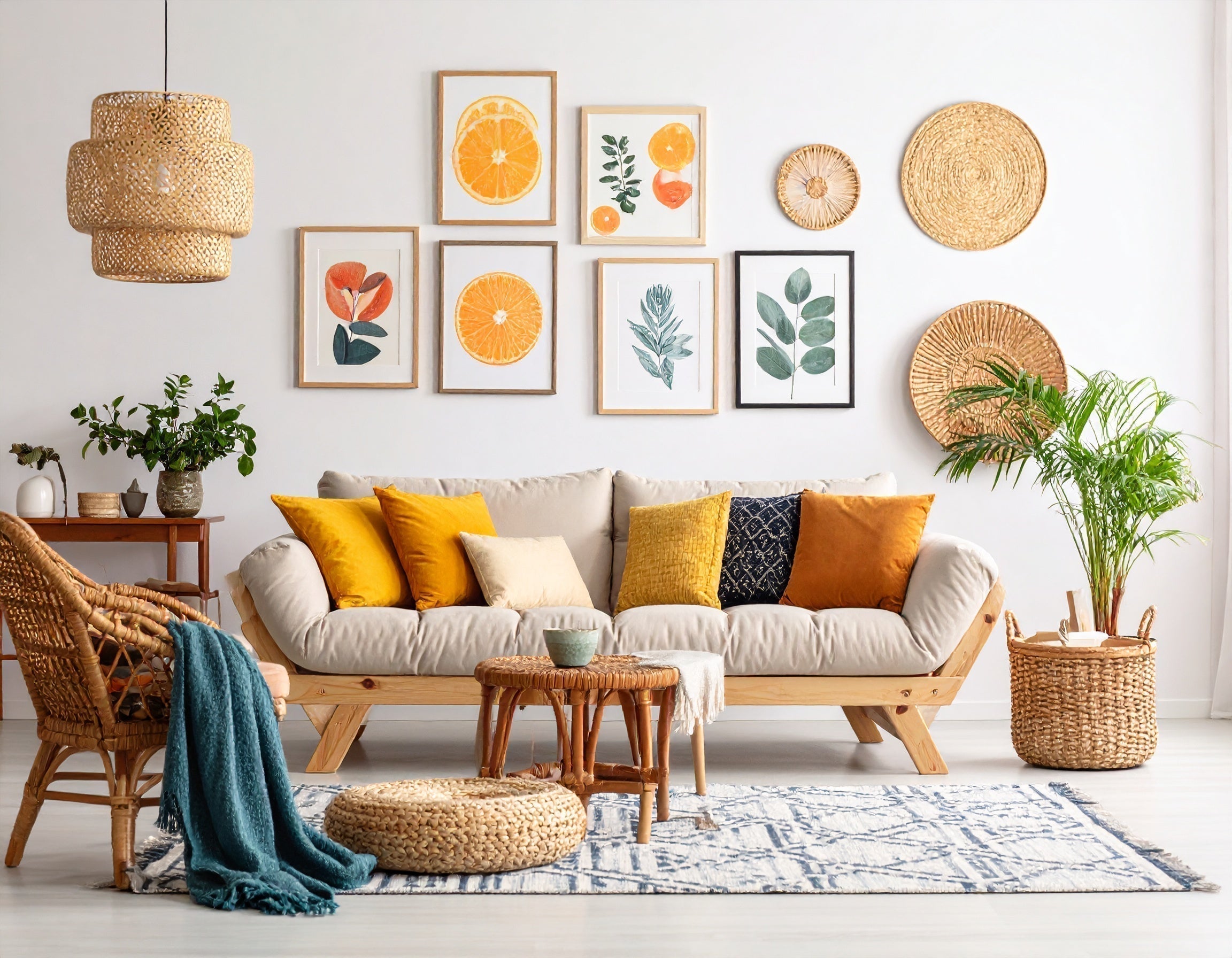 Modern summer interior with trending wall art prints in vibrant colours