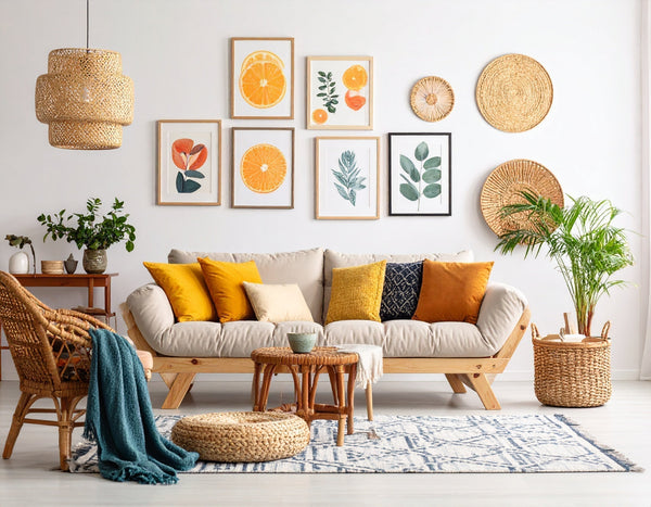 Modern summer interior with trending wall art prints in vibrant colours