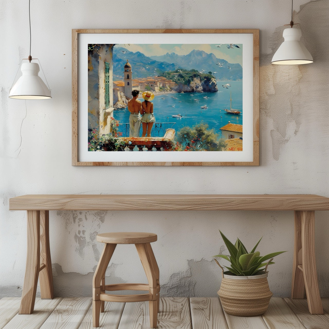 Romantic European Seaside Balcony View - Rolled Poster Wall Art Print - House Prints