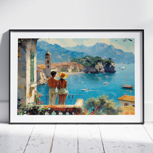 Romantic European Seaside Balcony View - Rolled Poster Wall Art Print - House Prints