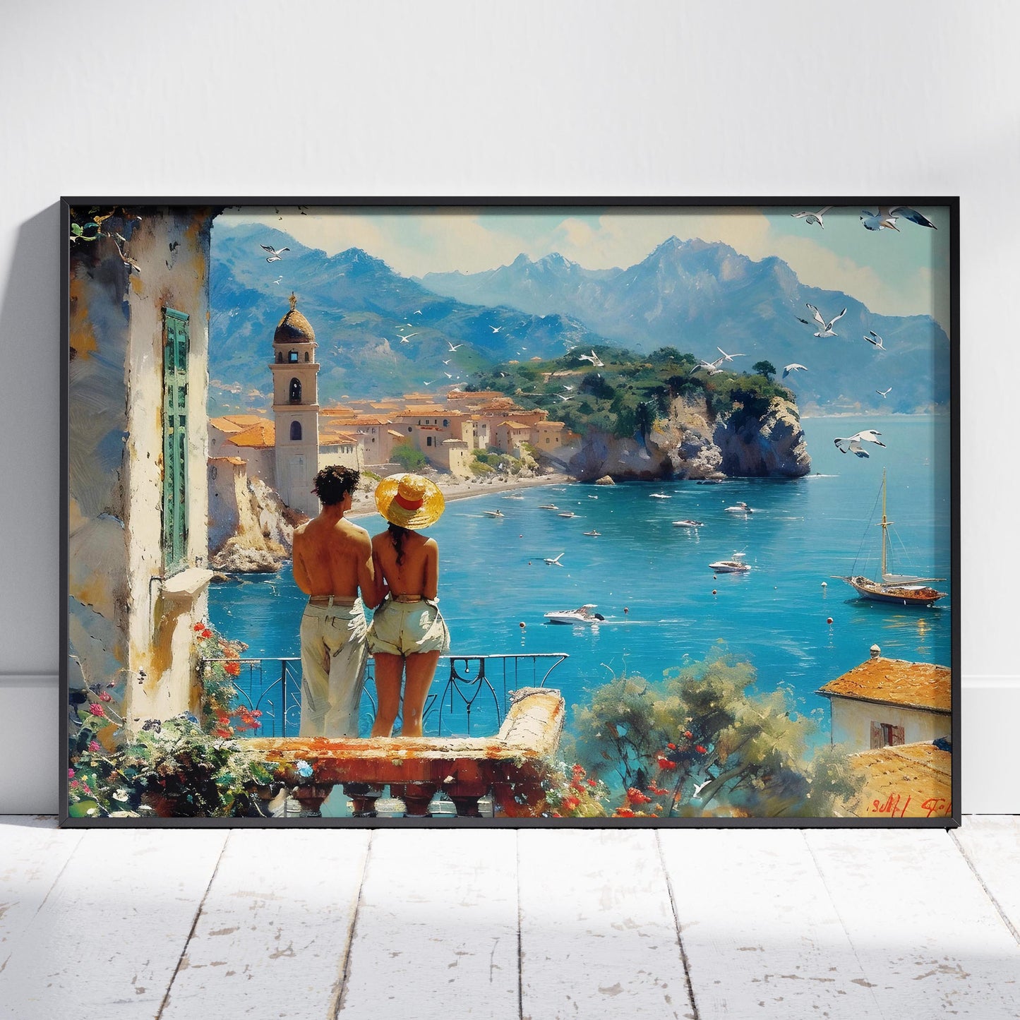 Romantic European Seaside Balcony View - Rolled Poster Wall Art Print - House Prints