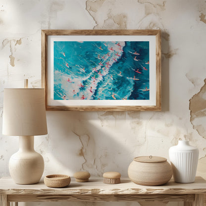 Surfers Dancing on Blue Ocean Waves - Rolled Poster Wall Art Print - House Prints