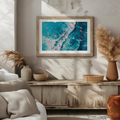 Surfers Dancing on Blue Ocean Waves - Rolled Poster Wall Art Print - House Prints