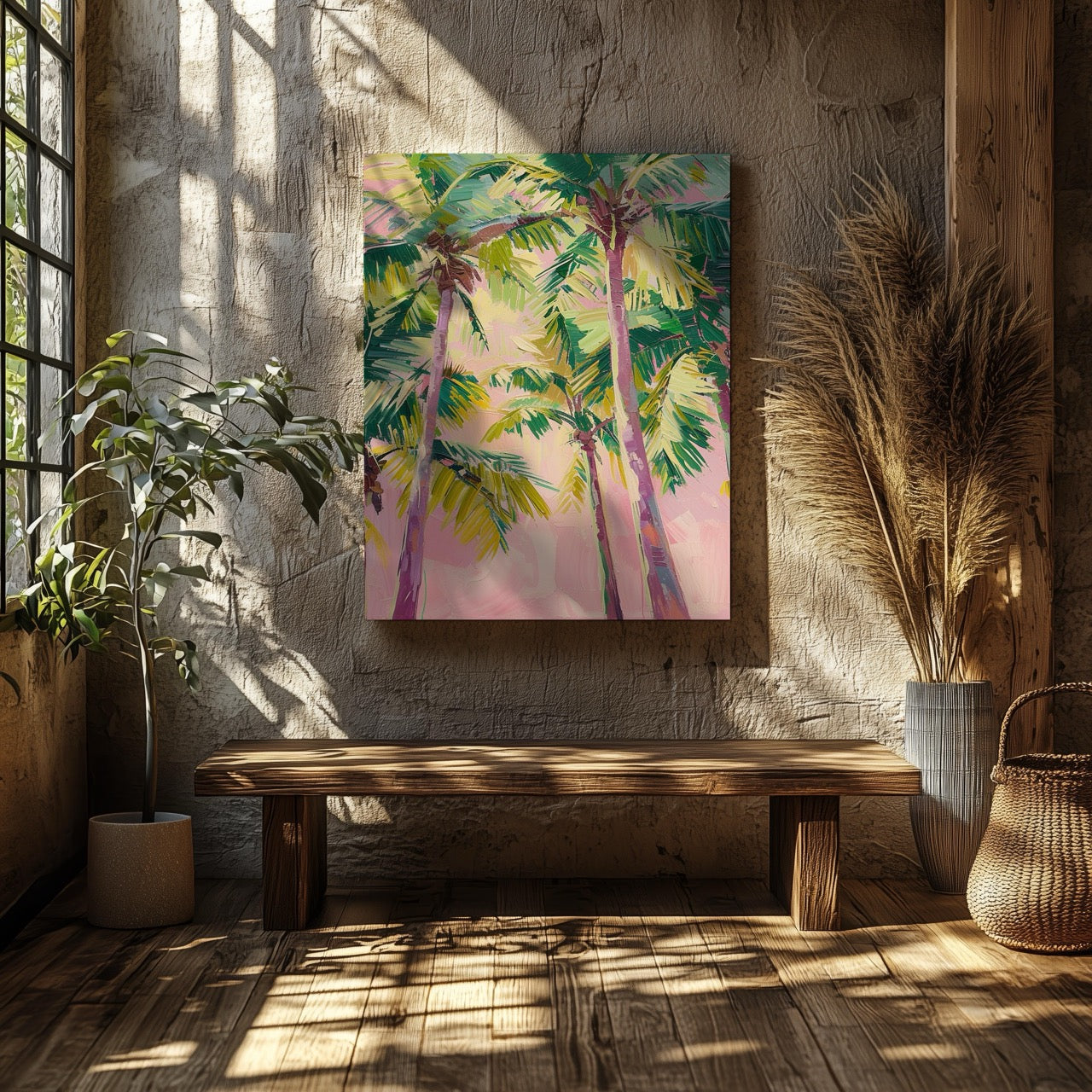 Pink Paradise Sunset Palm Trees - Framed Canvas Wall Art Print - House Prints